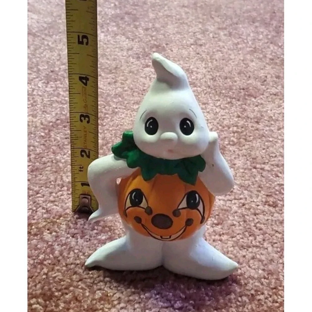 Vintage Ceramic Halloween Ghost Wearing Pumpkin Jack O Lantern Figurine Set 2